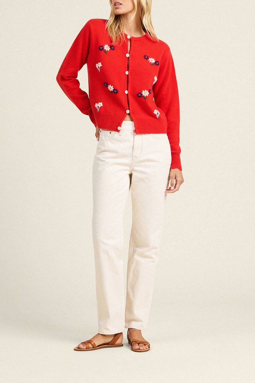 Trovata Loretta Cardigan Red 100% Cashmere Hand Embroidered
